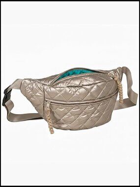 Metallic Quilted Fanny Pack Crossbody Bag Adjustable Strap Multi Pockets